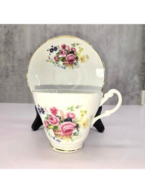 Teacup & Saucer Royal Stuart Fine Bone China Floral Pink Roses England VL5150